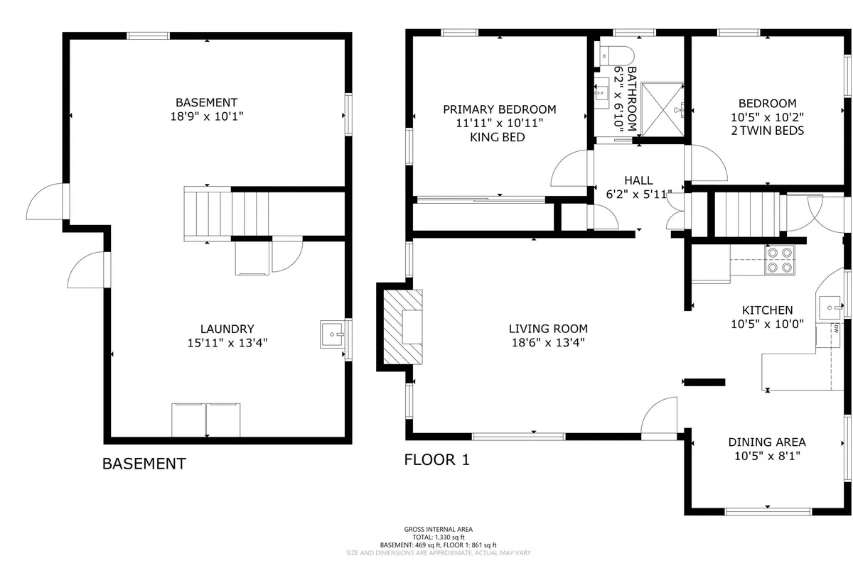 This wide-angle interior image showcases a seamless flow between the primary bedroom, living room, kitchen, dining area, and laundry area. The arrangement of furniture suggests an inviting, communal atmosphere, and the open-plan layout hints at easy indoor-outdoor movement, ideal for accommodating both people and pets.