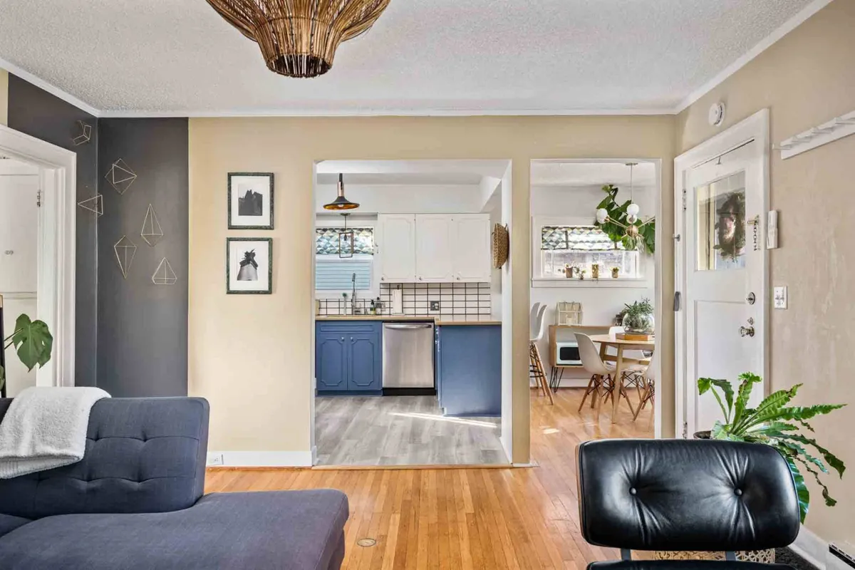 A wide, open-plan view that encompasses the sofa, blue kitchen cabinets, a dining area, and hanging plants. The scene conveys a mood of warmth and sociability, showing spaces designed for gatherings, relaxation, and family meals.