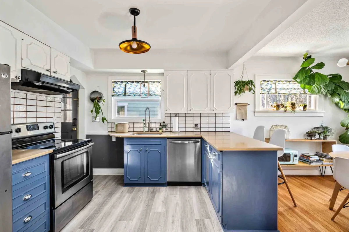 A bright and cheerful kitchen space featuring blue cabinetry, a warm wooden countertop, open shelving decorated with green plants, and modern stainless steel appliances. The setup is inviting, with natural light enhancing the creative and welcoming mood.